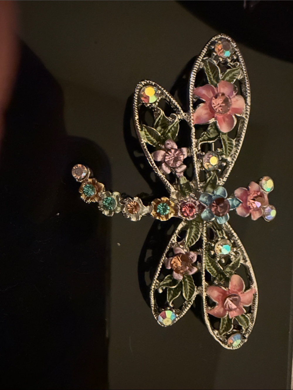 Floral Dragonfly Brooch with Multicolor Rhinestones